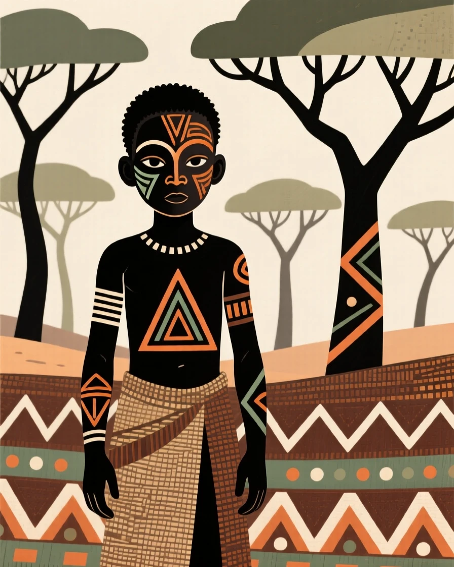 A shy little boy standing tall against a backdrop of acacia trees.