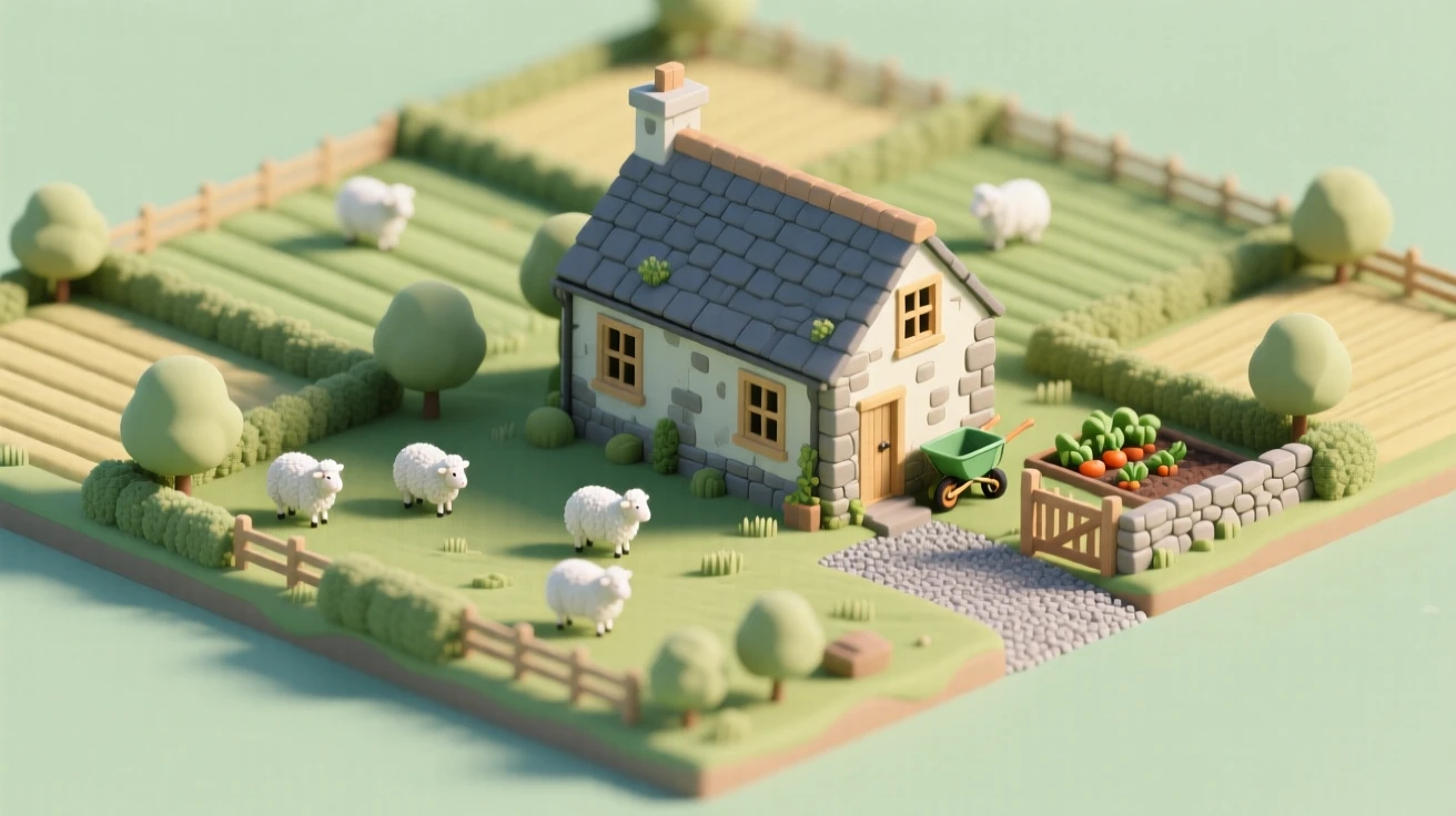 A rolling English countryside with patchwork fields divided by hedgerows, sheep grazing lazily, and a stone farmhouse nestled in the valley.