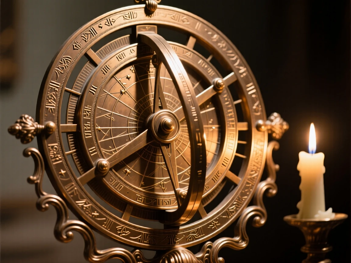 An ornate astrolabe gleaming beneath candlelight, with intricate craftsmanship on full display, radiating elegance and refinement