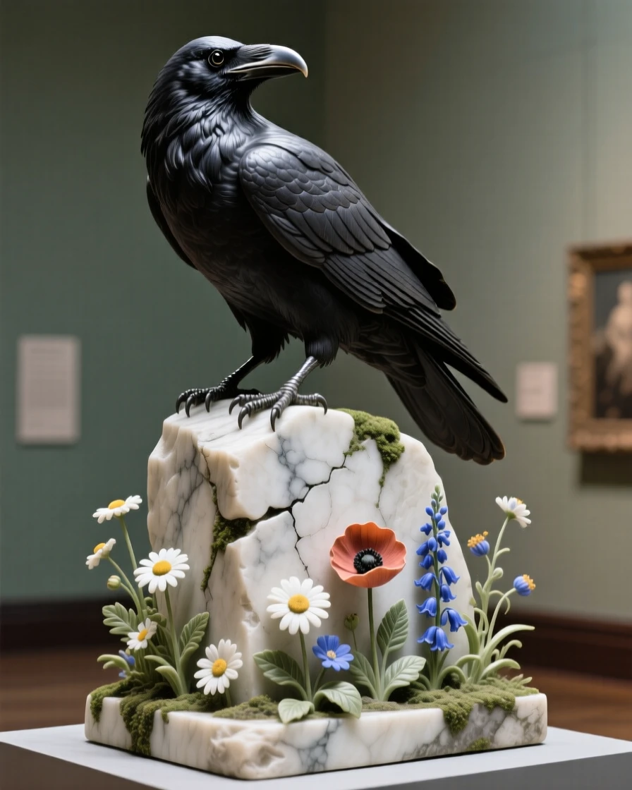 A raven perched atop an ancient stone captured in a powerful, dignified pose amid blooming wildflowers