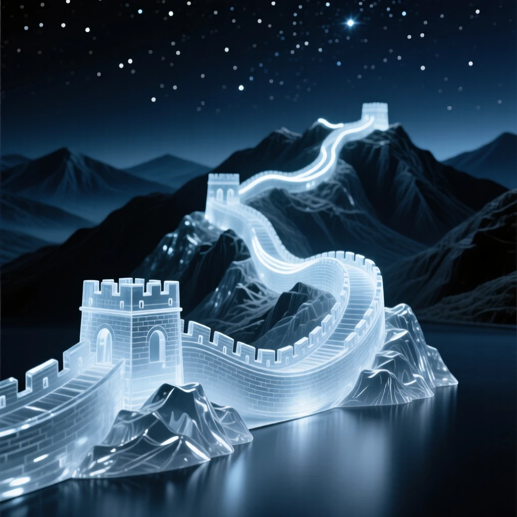 The Great Wall winding across mountain ridges under a starry night sky, long soft light trails in the distance, composition emphasizing scale and grandeur.