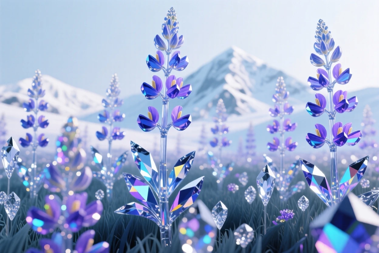 A meadow of wild lupines in blue and purple stretching toward snow-capped mountains.