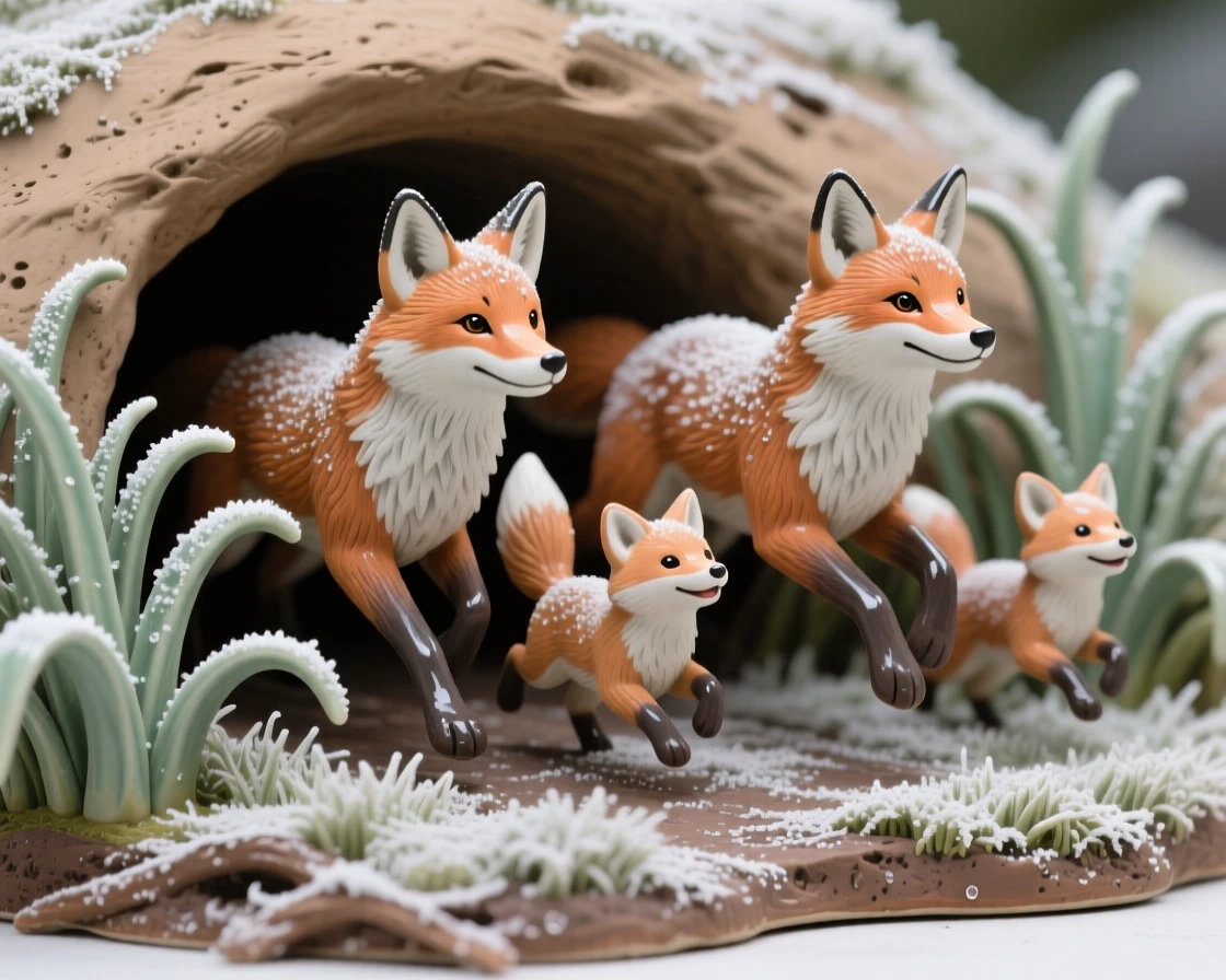 A family of foxes at a den entrance bounding joyfully through tall grass, its coat dusted with a light frost, offering a serene glimpse into nature's stillness.