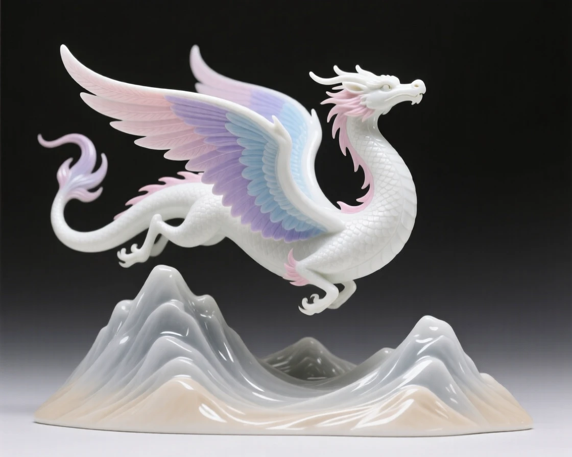 A majestic fairy dragon soaring above a mountain range, an aura of quiet, ancient power surrounding it.