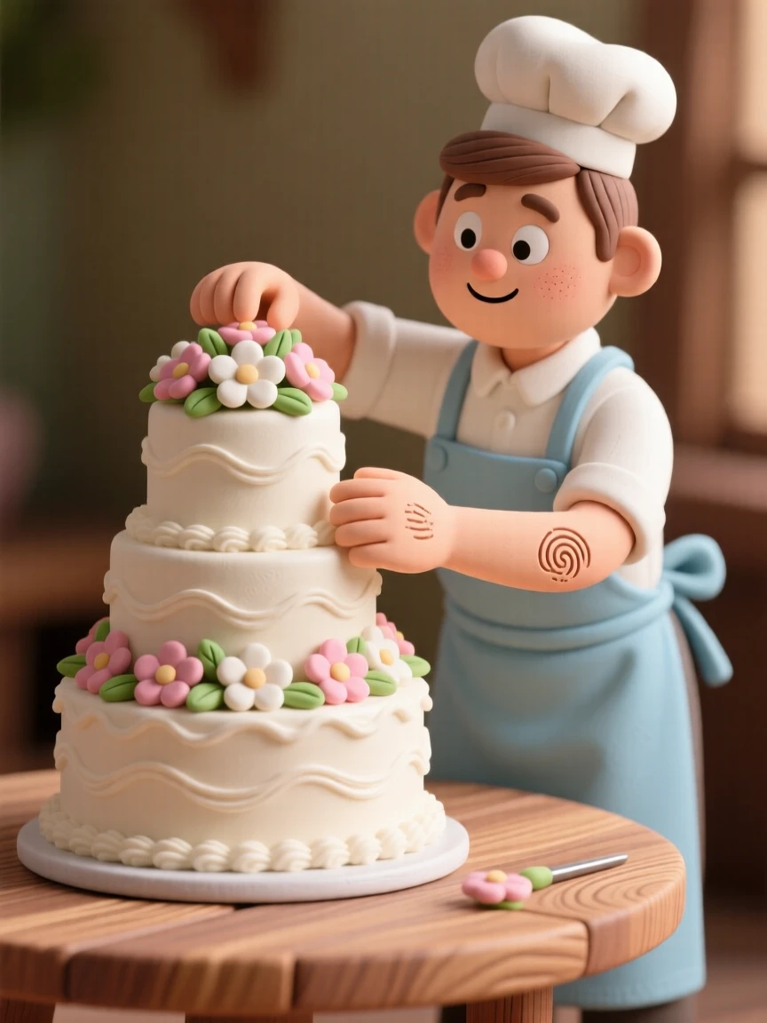 A baker decorating a towering wedding cake with delicate flowers