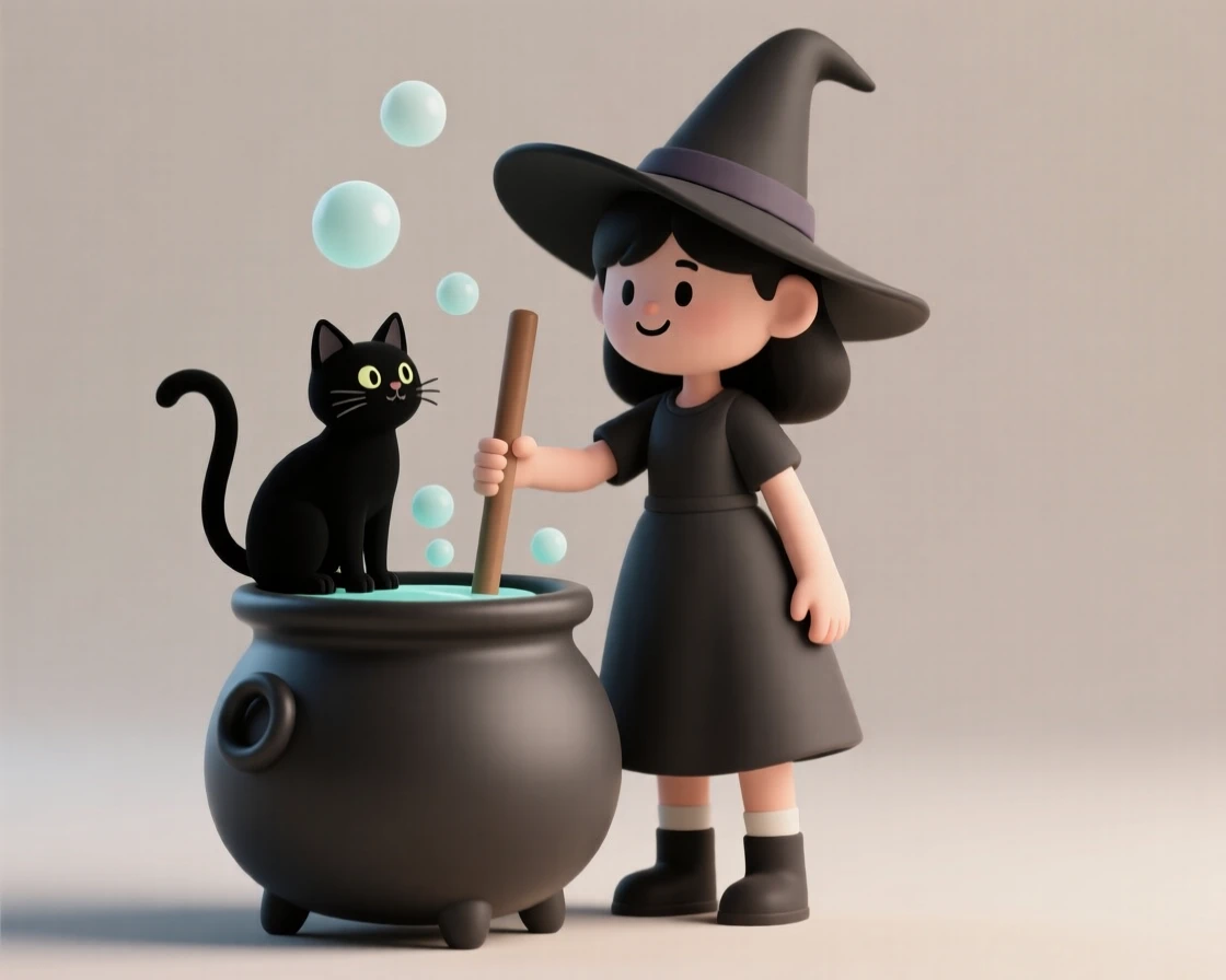 A brave young witch stirs a bubbling cauldron with her loyal black cat perched curiously on the rim.
