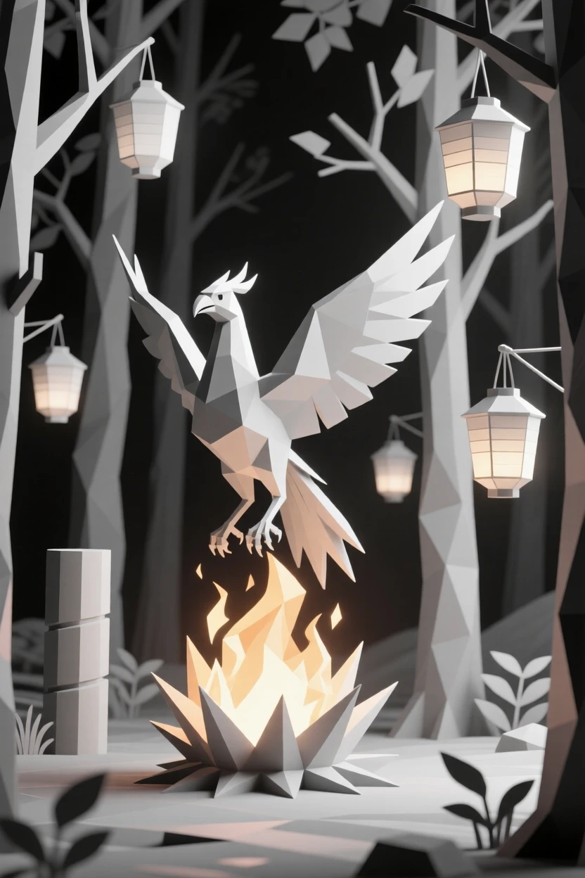 A glowing phoenix rising from a burst of flame, within a forest lit by floating lanterns. the composition frames the subject as a clear focal point. The atmosphere is epic and awe-inspiring.