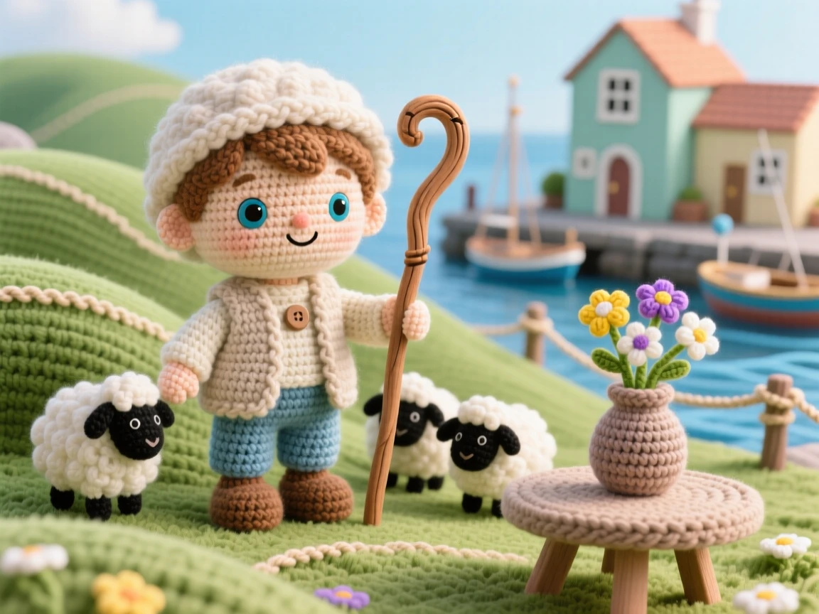 a young shepherd boy, with a wooden staff and a woolly vest, is captured guiding a small flock across a green hill in a small harbor town at sunrise beside a small vase of wildflowers on the table, radiating bright-eyed enthusiasm for a beloved craft.
