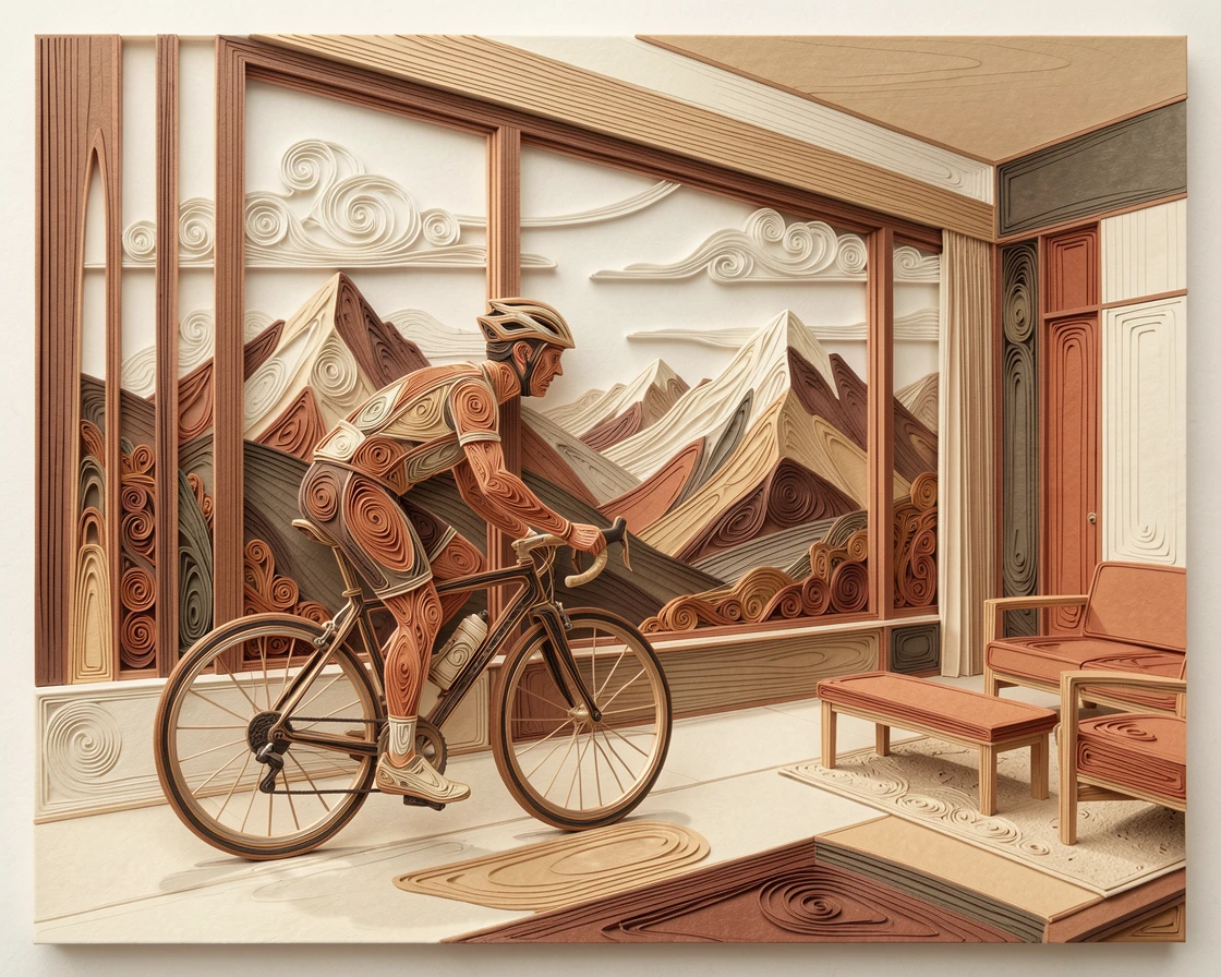 a cyclist pausing to admire a mountain vista, in a modern loft with large windows, composed with clean modern lines and open space, in warm neutral tones of beige and terracotta.