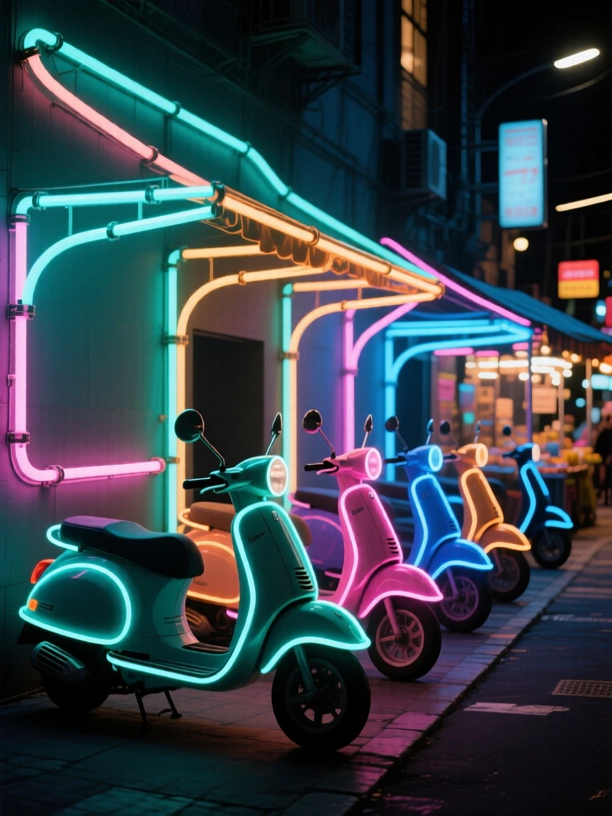 A row of parked scooters outside a lively market street.