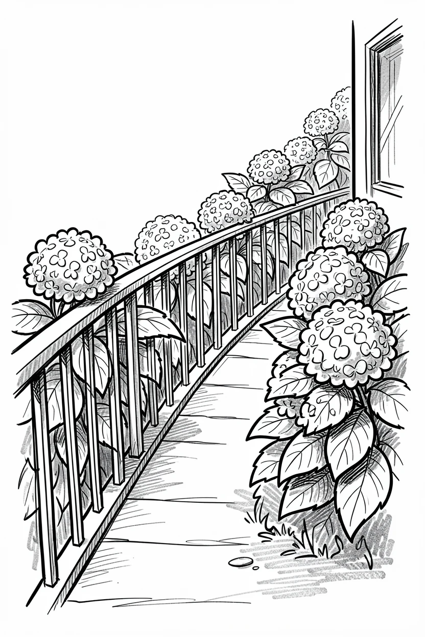 A path lined with hydrangea bushes along a sunny balcony railing.