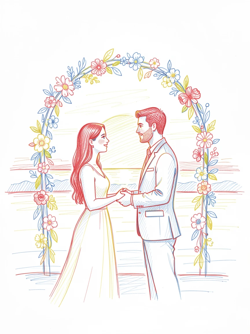 A couple exchanging vows beneath a floral arch at sunset