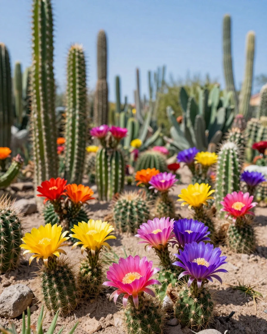 A cactus garden blooming with bright desert flowers