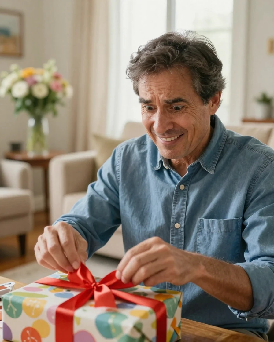 A man's expression shifts from confusion to delight as he opens a surprise gift.