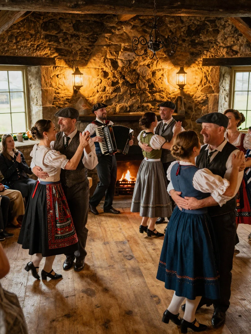 A traditional Irish céilí dance filling a stone cottage with music and laughter