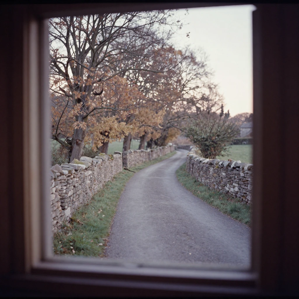 A winding country lane lined with old stone walls, in low lamplight, on a clear, cloudless day, in late autumn, in soft muted pastels, viewed from across the room.