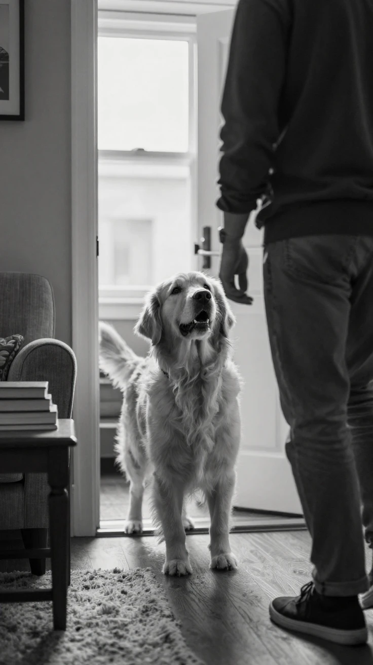 A golden retriever greets its owner at the door in a cozy living room.