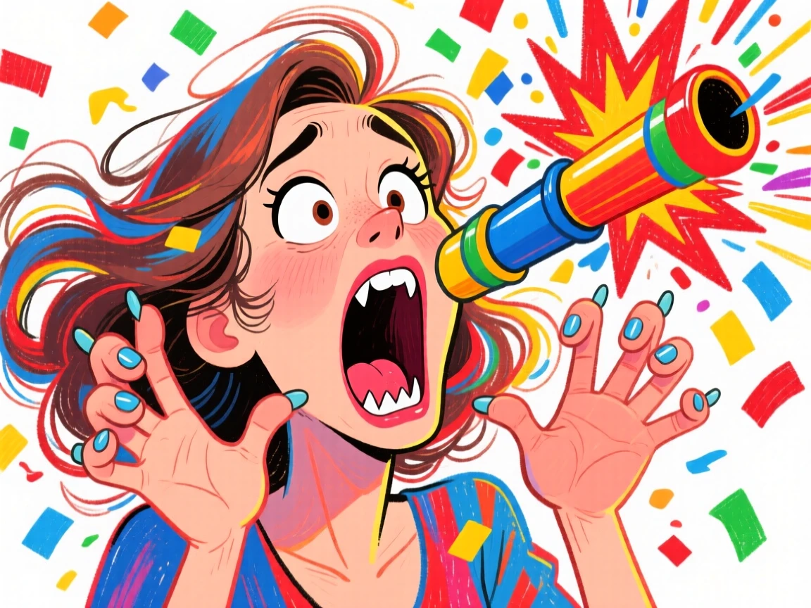 A woman caught mid-scream as confetti cannons go off unexpectedly.