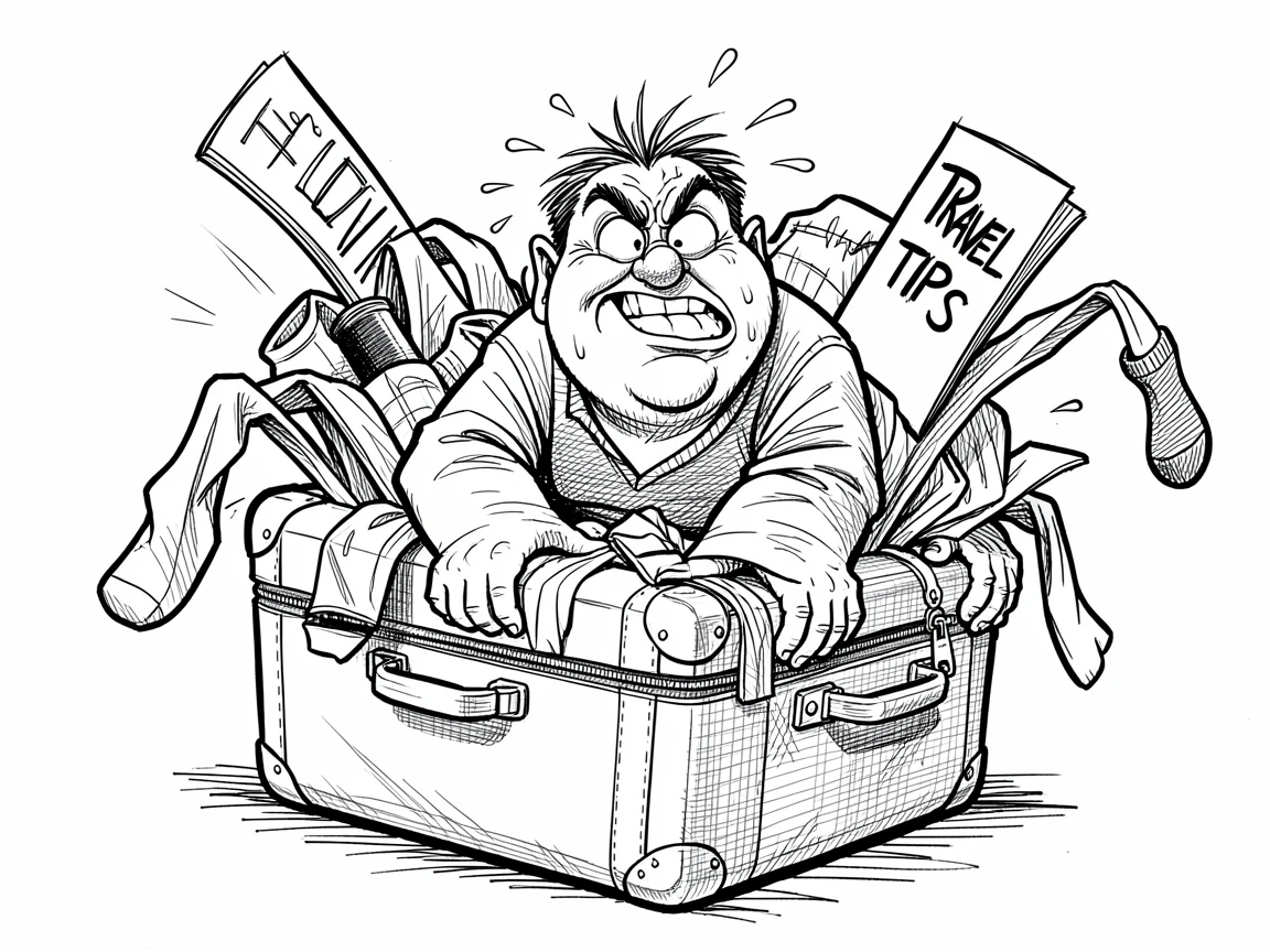 [Funny & Exaggerated Situations] Comical scene of a person overpacking a suitcase and sitting on it to zip it shut, exaggerated for maximum laughs