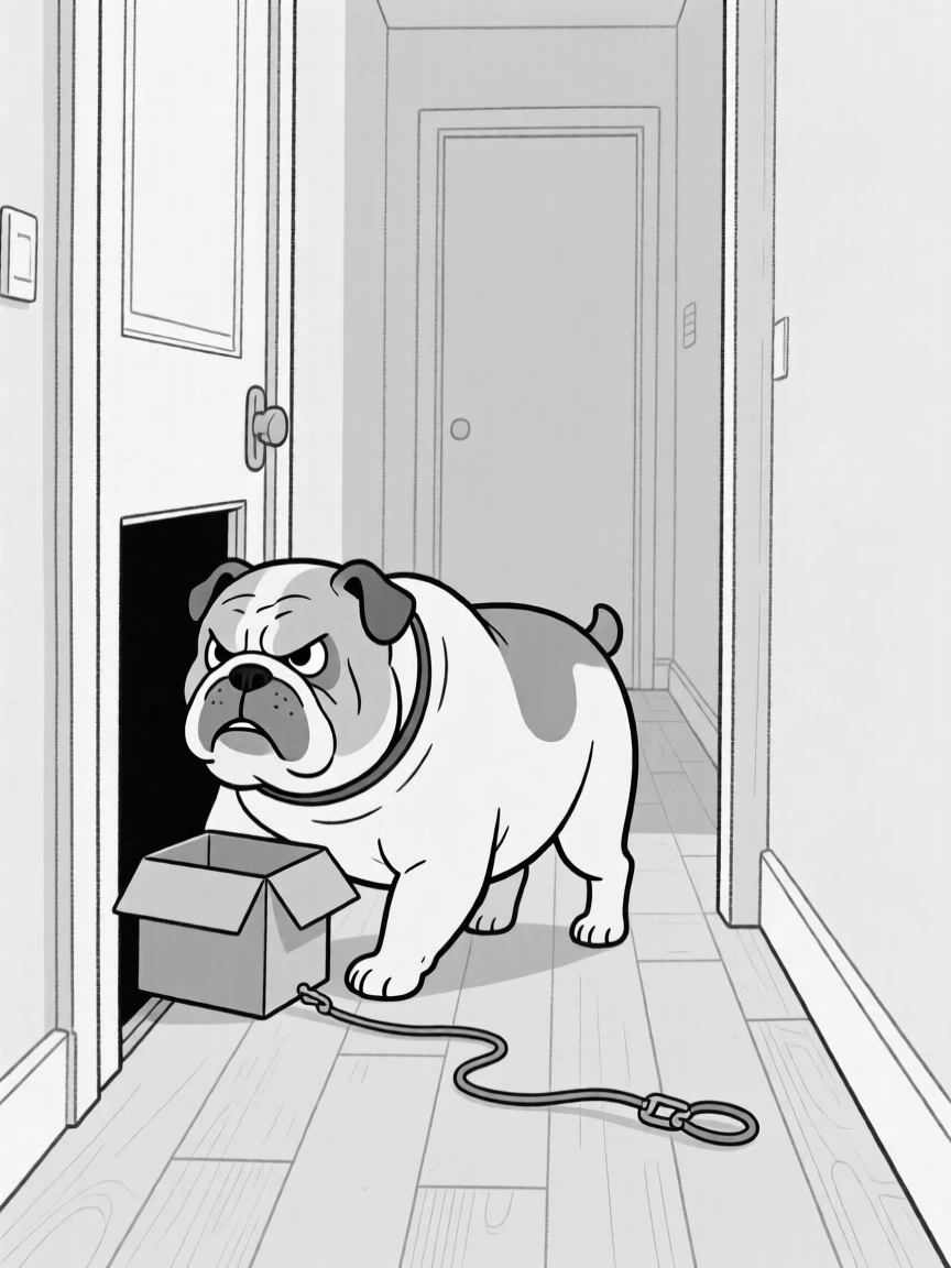 A stubborn bulldog refusing to move from a doorway, trying to fit into a box far too small, set blocking a narrow hallway. A tiny leash trails uselessly behind. The scene captures unconditional, goofy love.