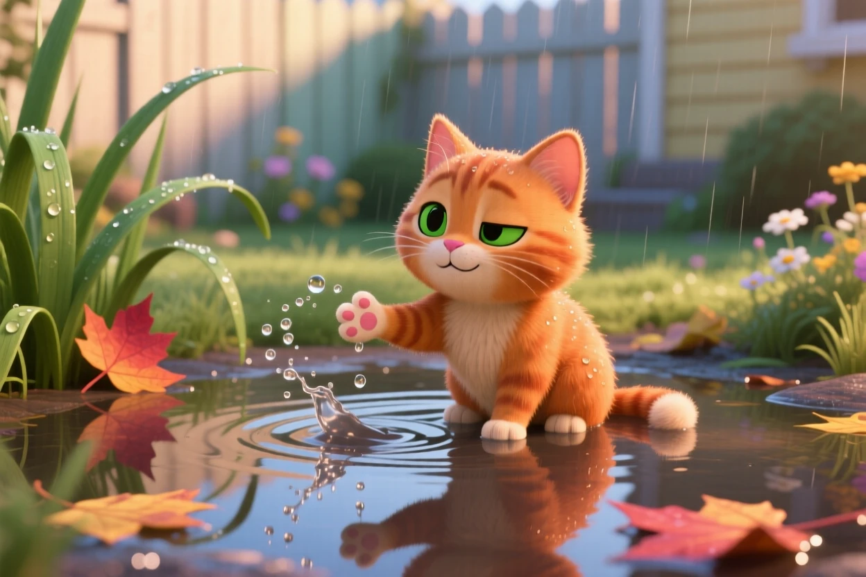 A tiny orange kitten is splashing in a shallow puddle after rain, reaching out a tiny paw. A gentle, sleepy calm fills the moment, with soft shadows framing the scene.