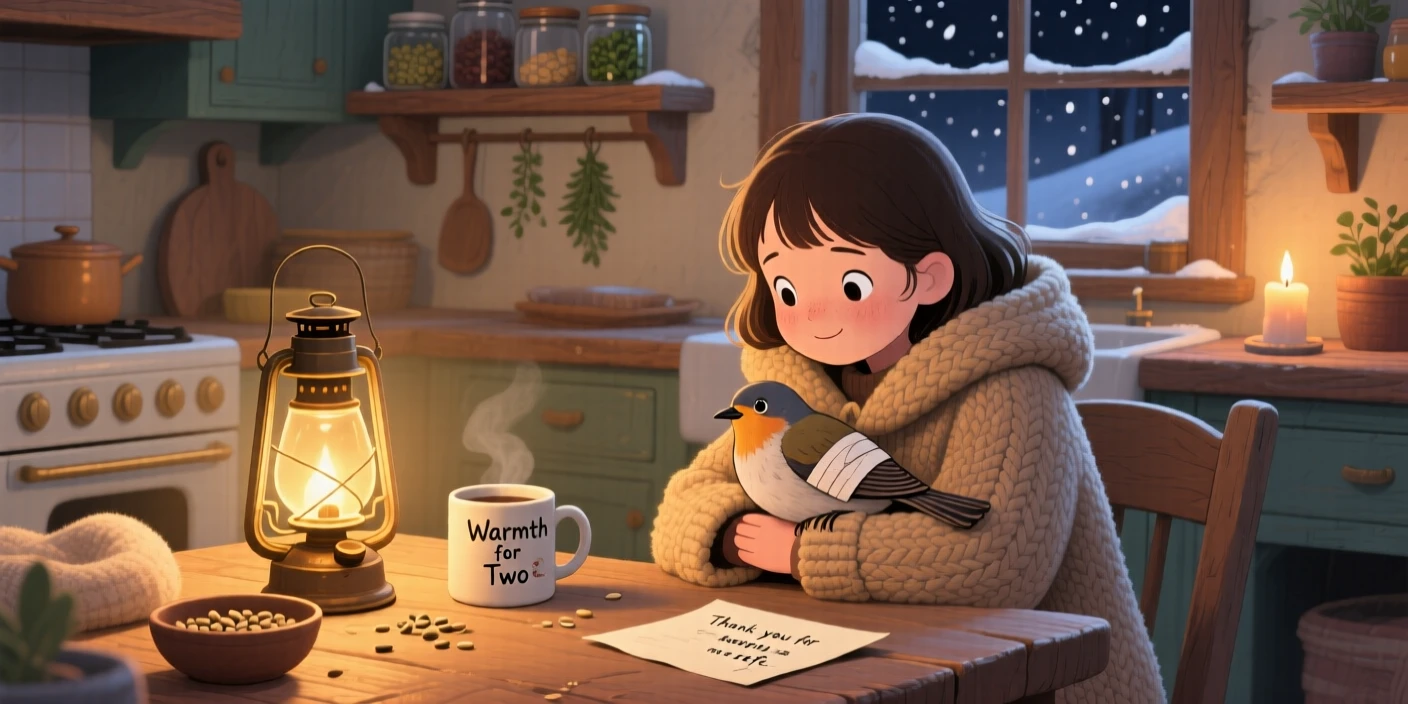 A girl and an injured bird share a tender moment sharing a warm coat on a chilly evening in a warm kitchen table, with quiet gratitude in their eyes.