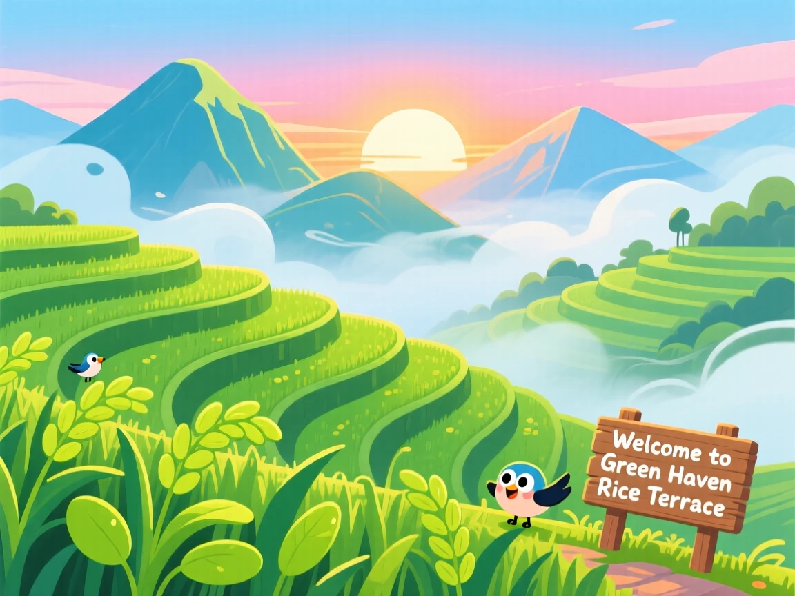A rice terrace glowing green under a misty mountain sunrise.