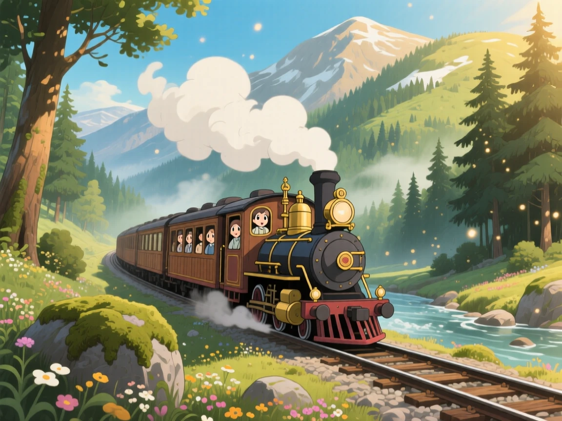 A charming scene of a vintage steam train winding through a mountain valley, framed by distant mountains.