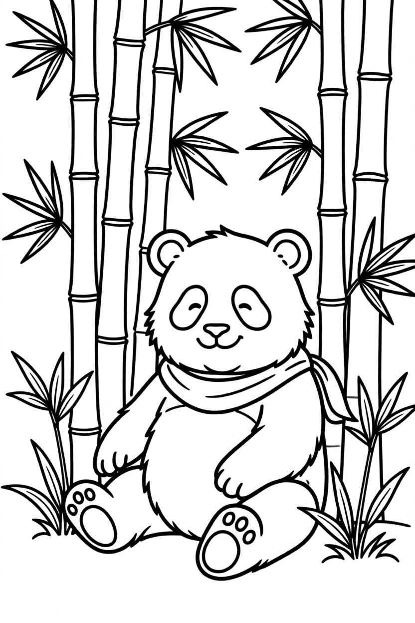 A bamboo grove with a panda resting among the stalks