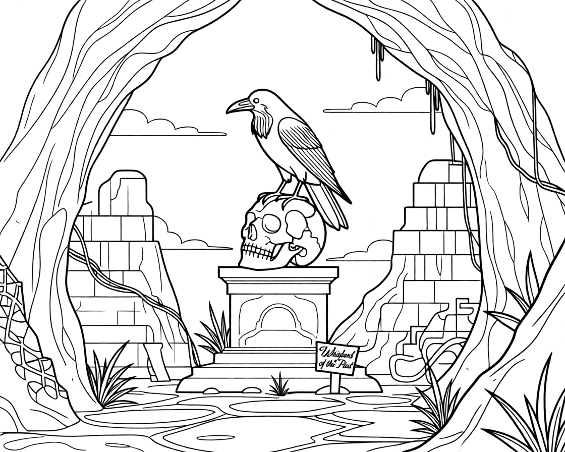 A raven perched on a cracked skull in an old ruin, framed by jagged rock formations.