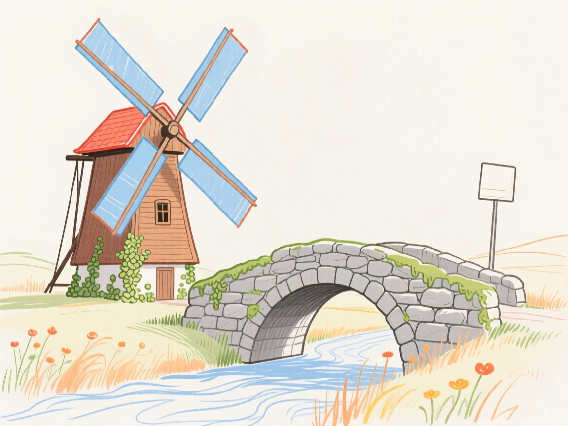 A countryside windmill beside a small stone bridge.