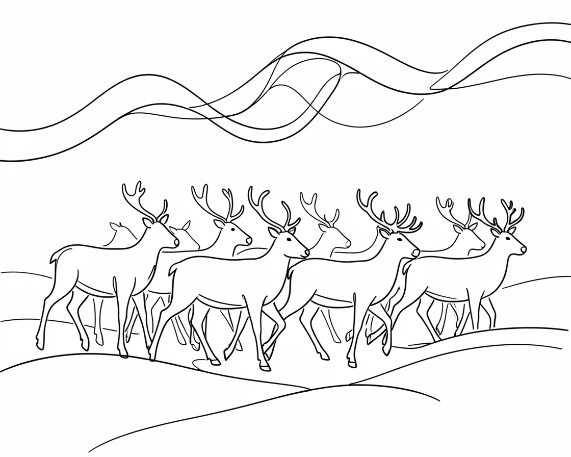 A herd of reindeer trekking across a snowy tundra beneath the northern sky