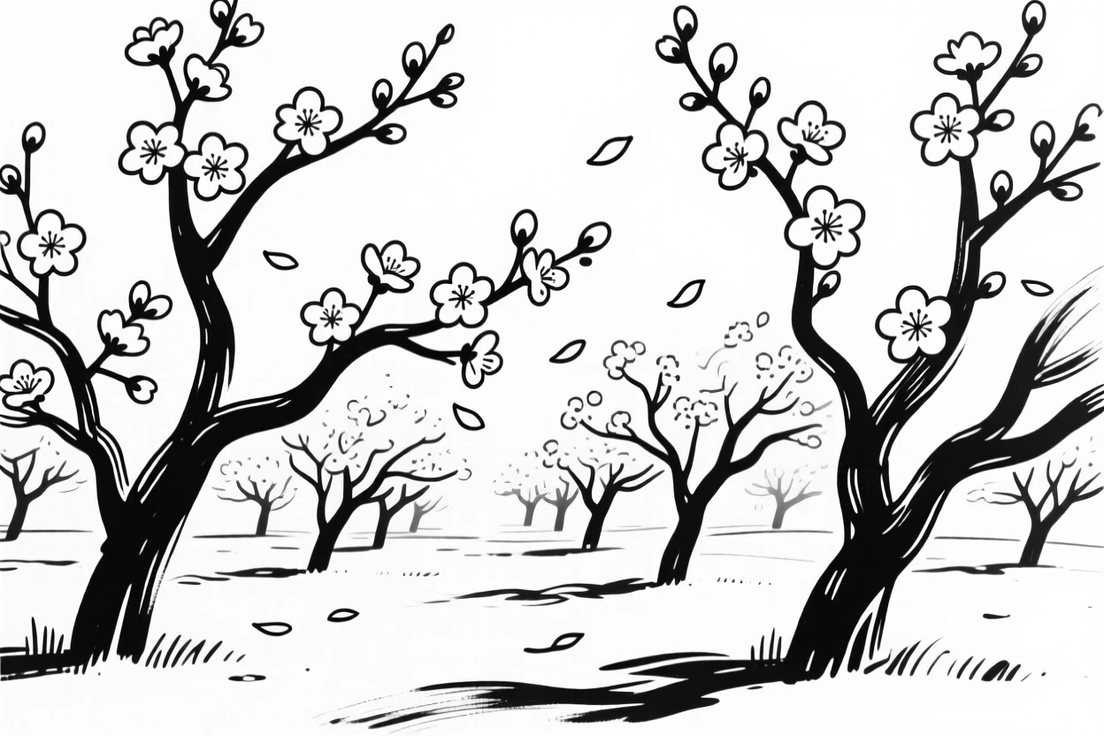 A tranquil orchard in full blossom with petals drifting in the breeze.