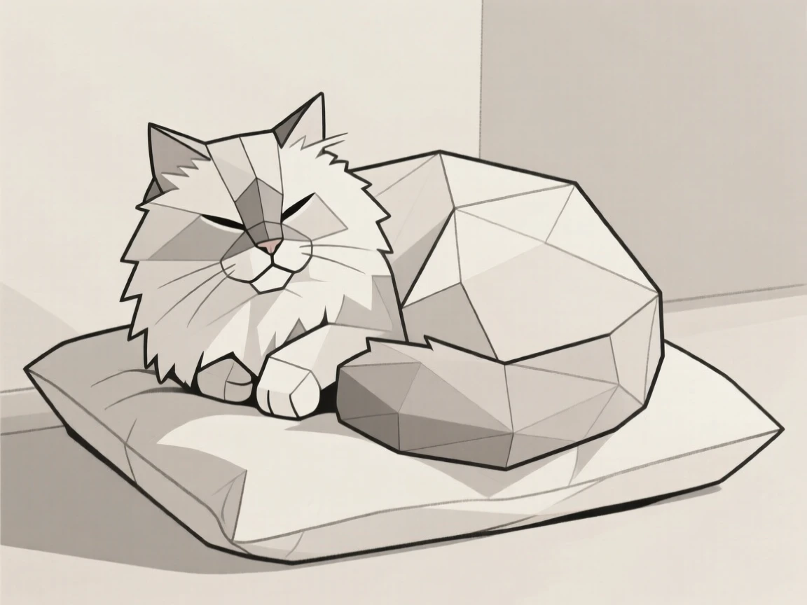 A fluffy Persian cat curled up on a cushion