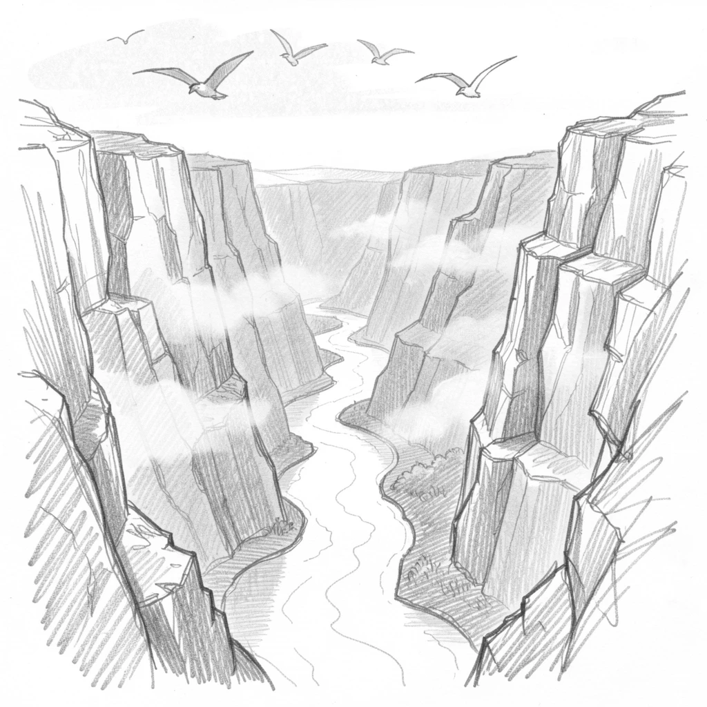 Sweeping landscape of a canyon carved by an ancient river wrapped in soft morning mist, with birds soaring overhead.