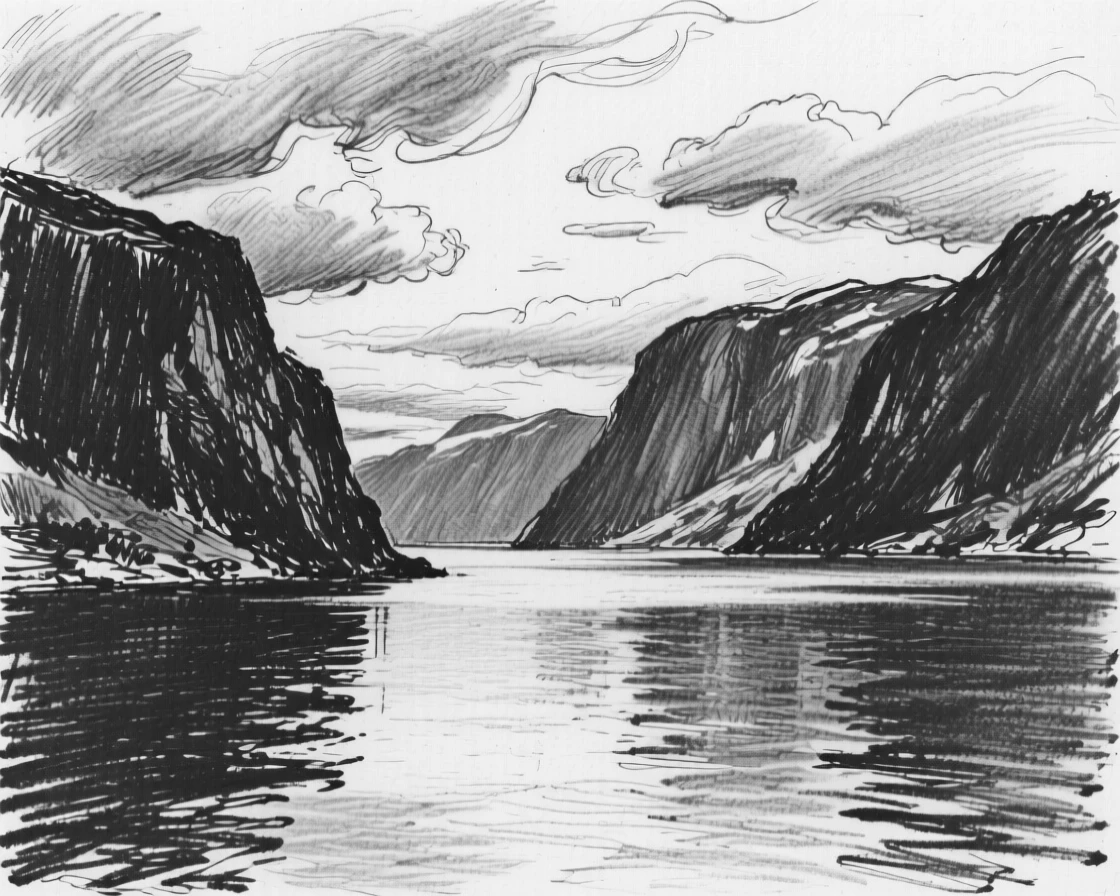 A quiet fjord as clouds drift lazily overhead.