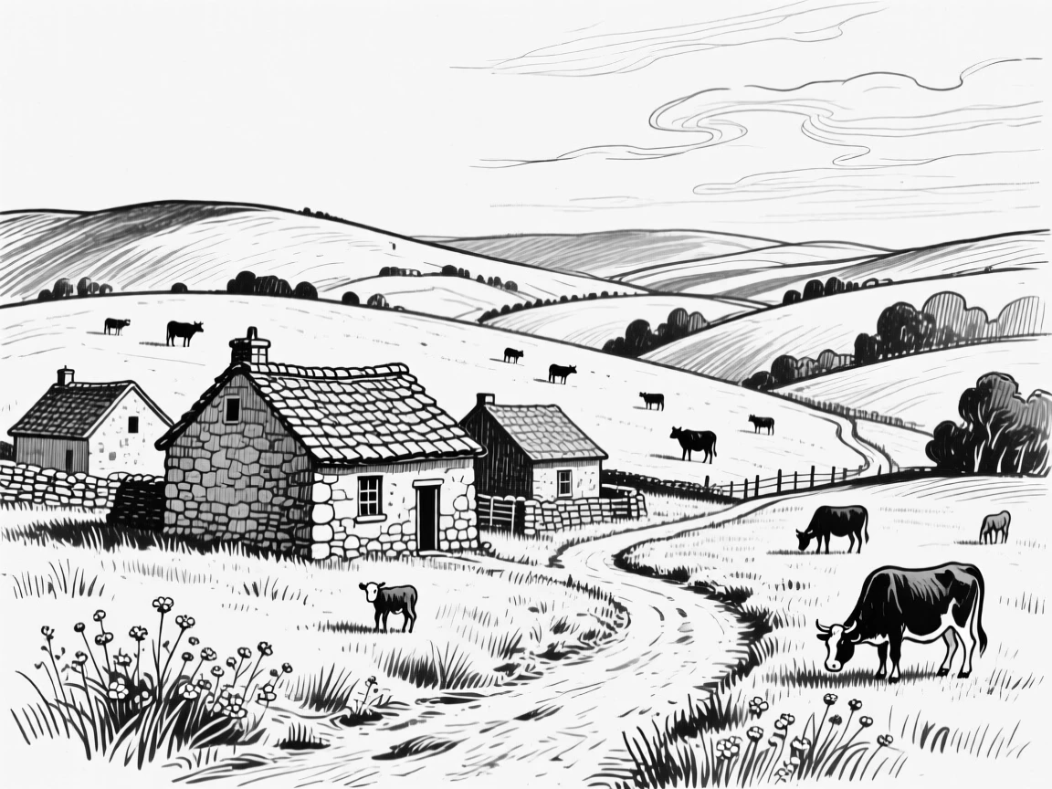 A rolling countryside dotted with small stone farmhouses and grazing cattle.