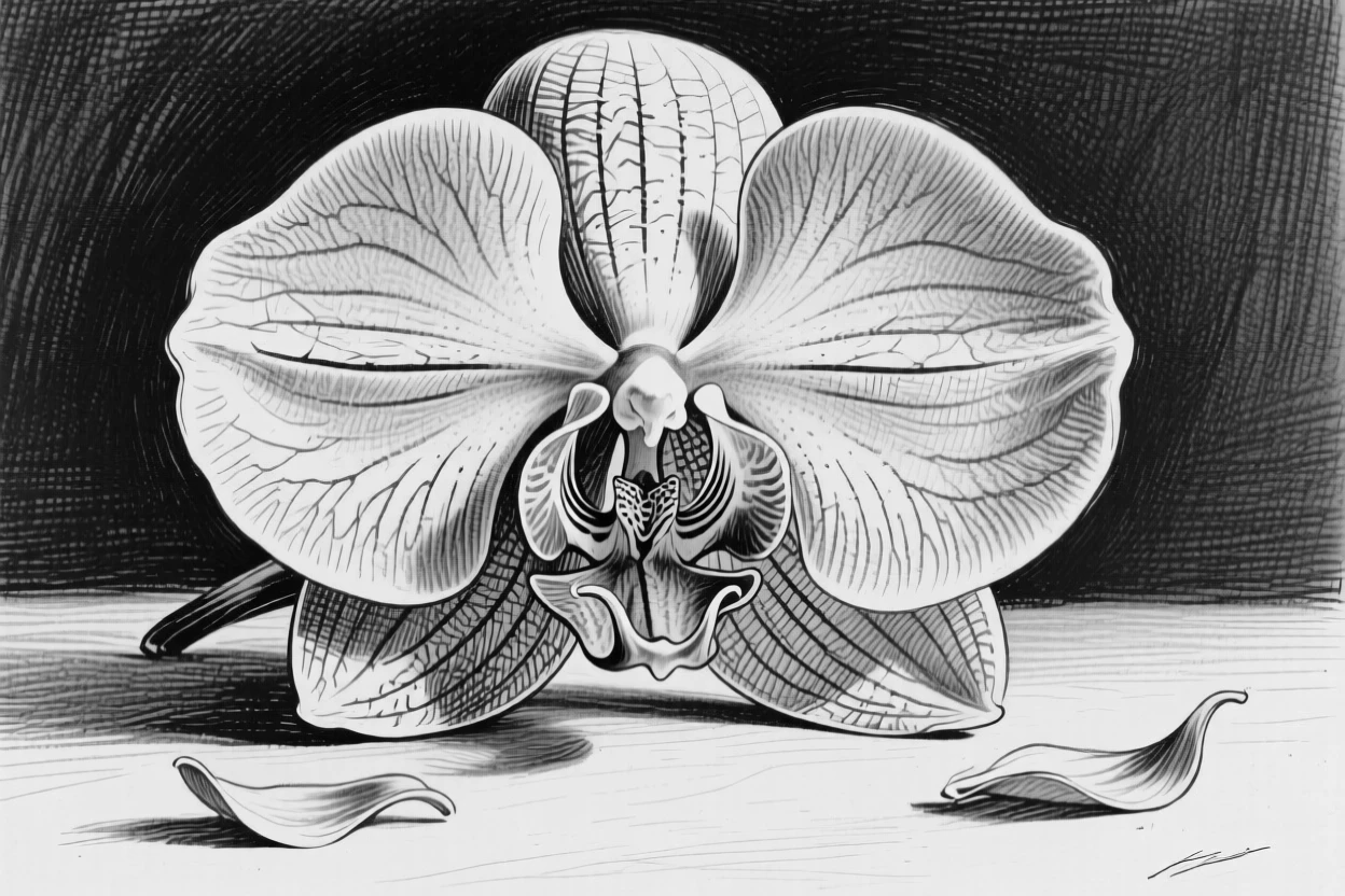 An orchid in full bloom captured close-up with delicate detail, with a few loose petals scattered below, composed in a delicate and romantic still-life arrangement.