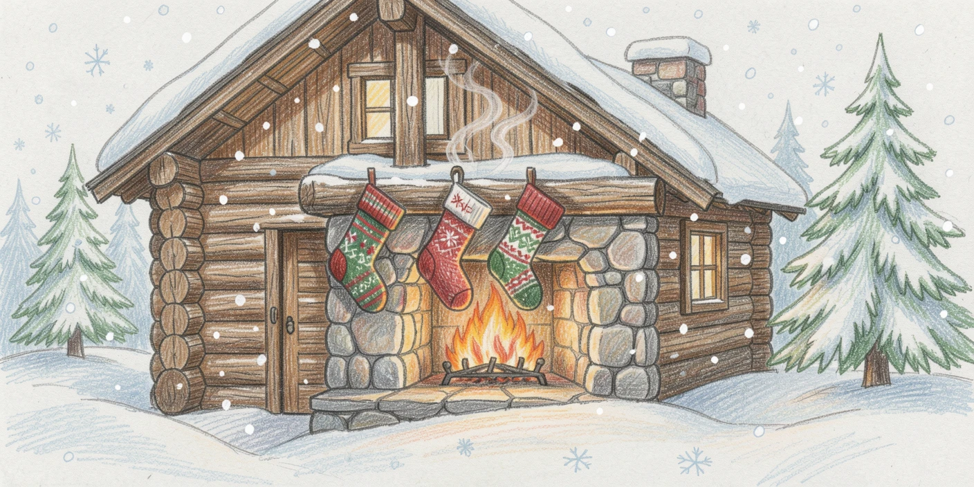 A cozy winter cabin with stockings hung and a fire crackling, with gentle snowfall or falling leaves drifting through the scene, radiating nostalgia, warmth, and holiday joy.