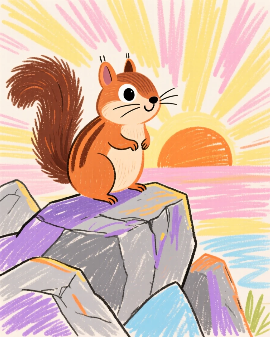 A chipmunk standing alert on a rocky outcrop at sunrise.