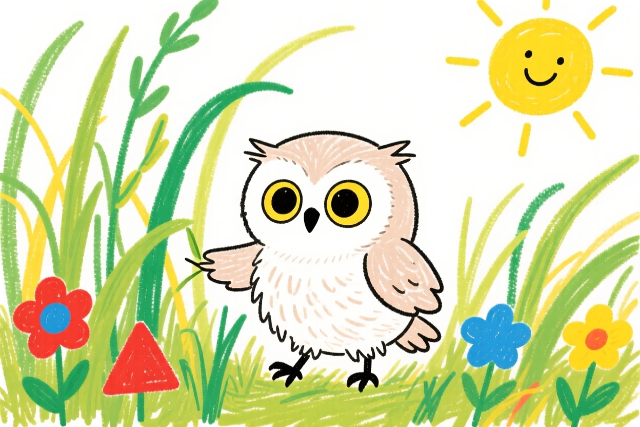 A downy owlet exploring tall grass for the first time.