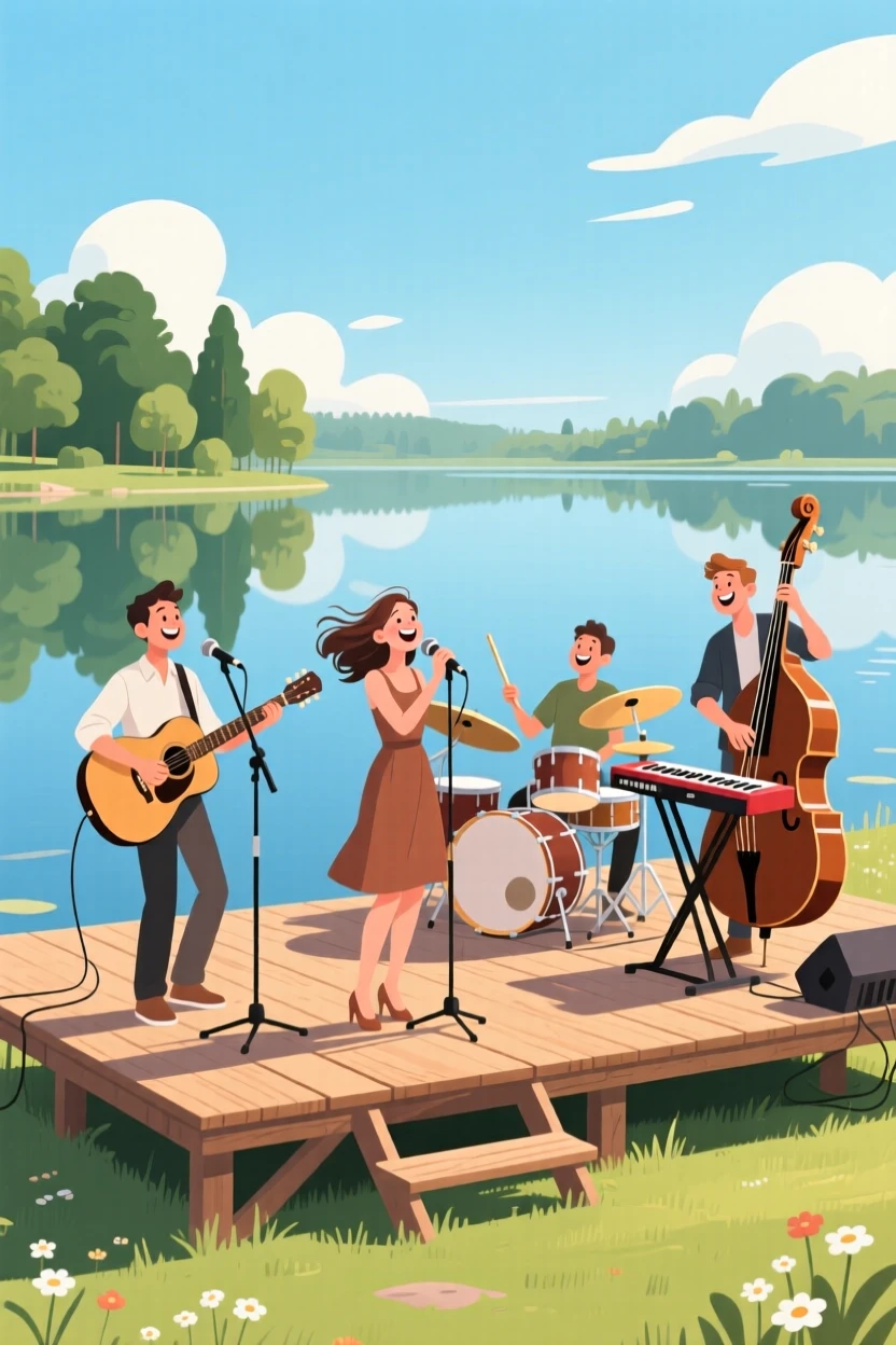 A group of musicians performing together on an outdoor stage, beside a calm lake reflecting the sky, arranged with the subject slightly off-center for a natural feel, with small joyful details like flying hair or bright laughter.