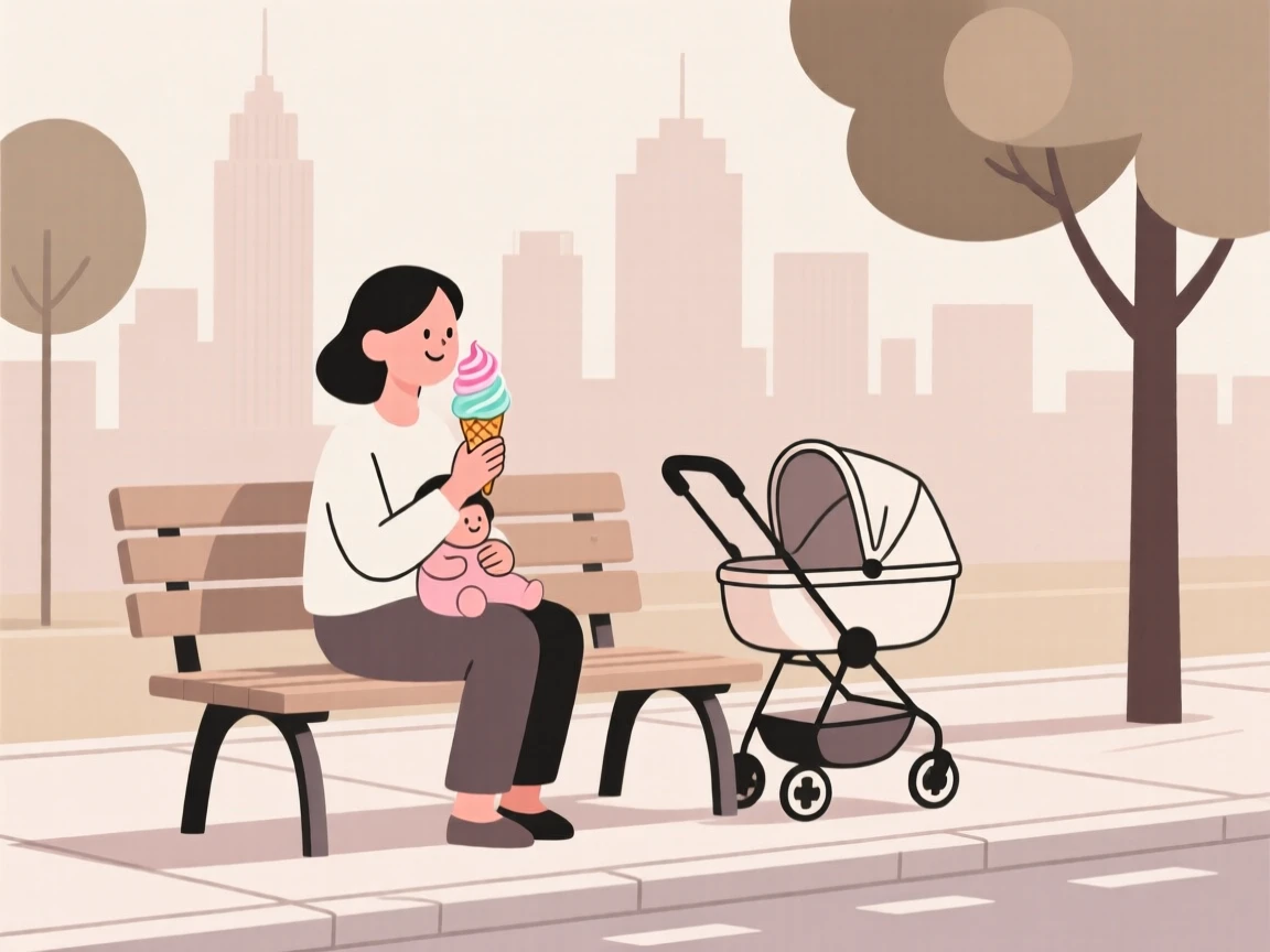 A new parent enjoying an ice cream cone on a quiet weekend afternoon in the city.