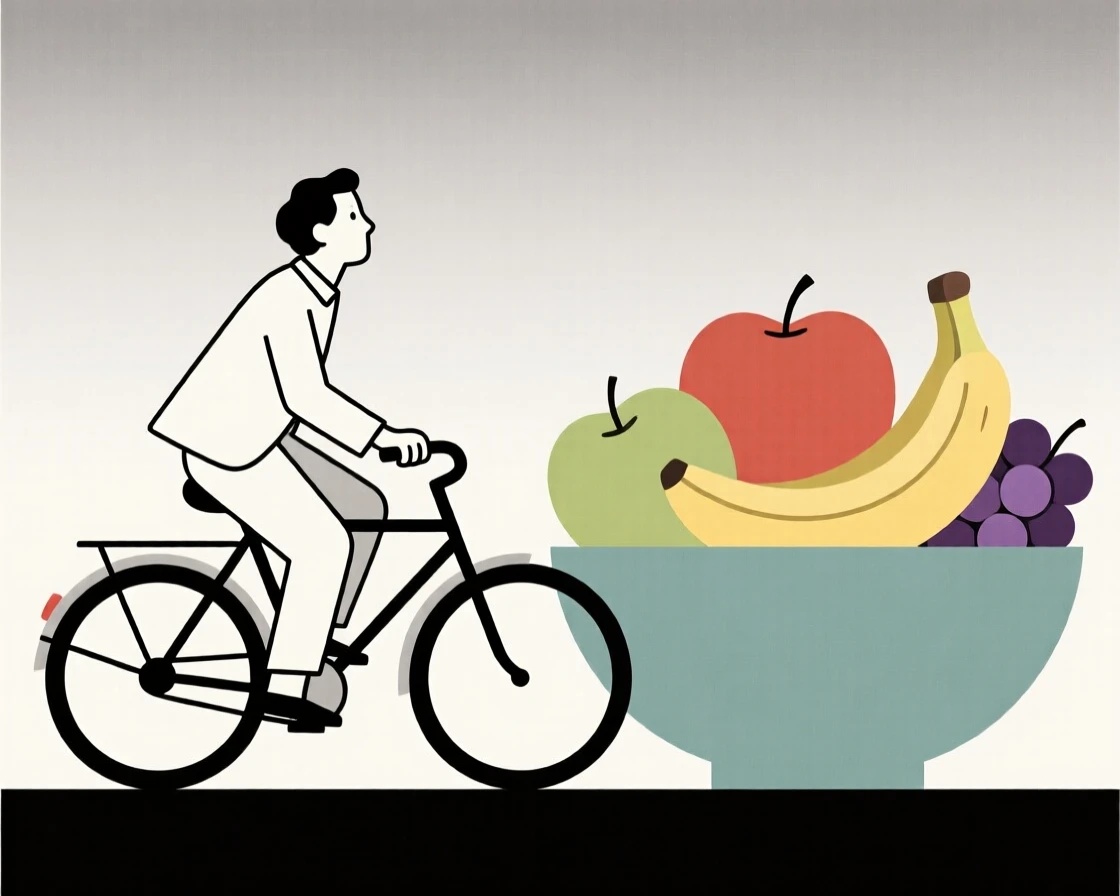 A portrait of a poet riding bicycles near a bowl of fresh fruit, filled with hopeful anticipation.