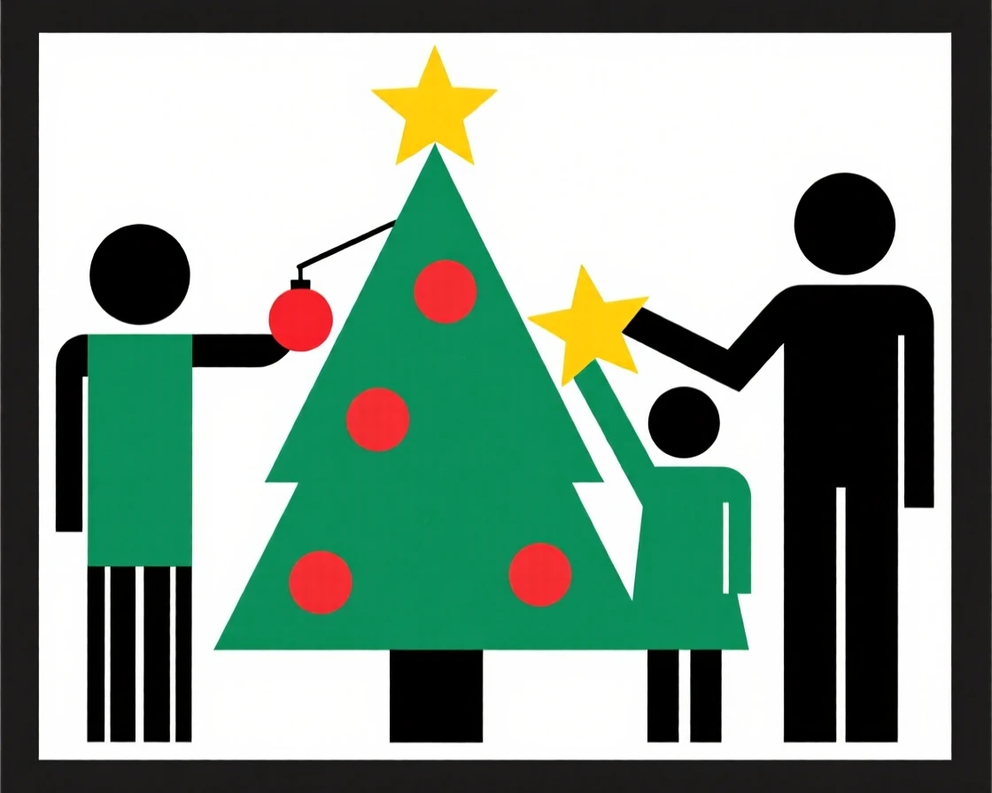 A family decorating a holiday tree