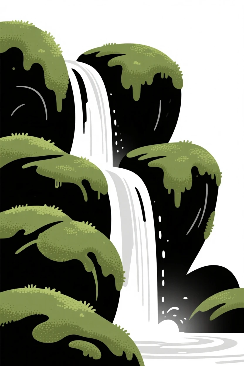 A gentle waterfall trickling over mossy rocks.