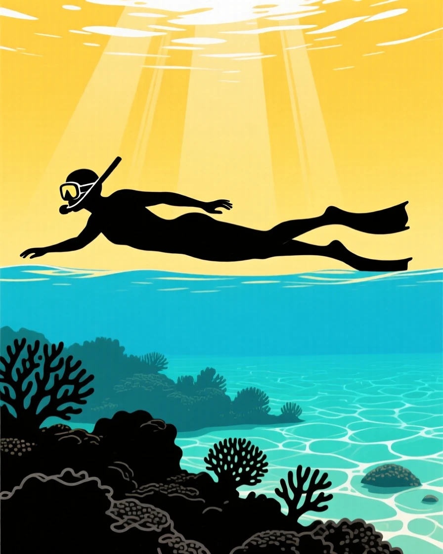 A snorkeler floating above a shallow, sunlit reef.