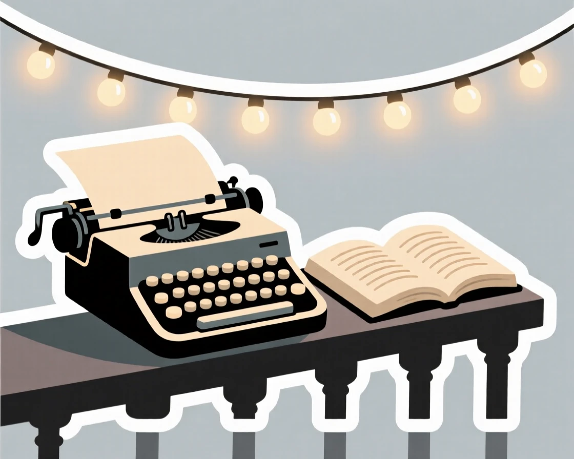 A softly lit vintage typewriter, sitting beside an open journal, on a balcony with string lights above.