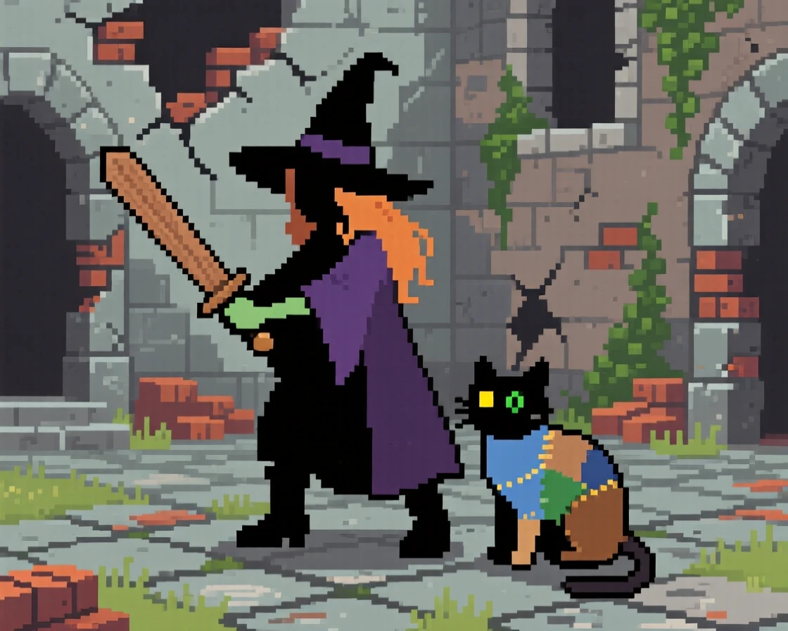 A witch with a patchwork cat training with a wooden practice sword, inside a crumbling castle courtyard.
