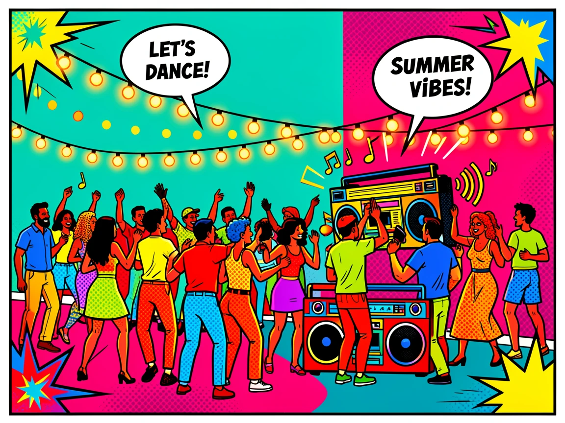 A summer block party with string lights and music